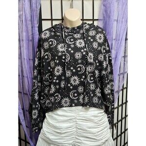 Midnight Bakery Women's Celestial Sun Moon & Stars Hacci Hoodie Size Small Black